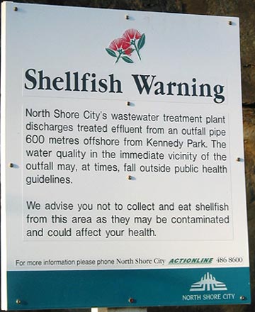 Shellfish warning, Rahopara Point, Castor Bay, New Zealand
